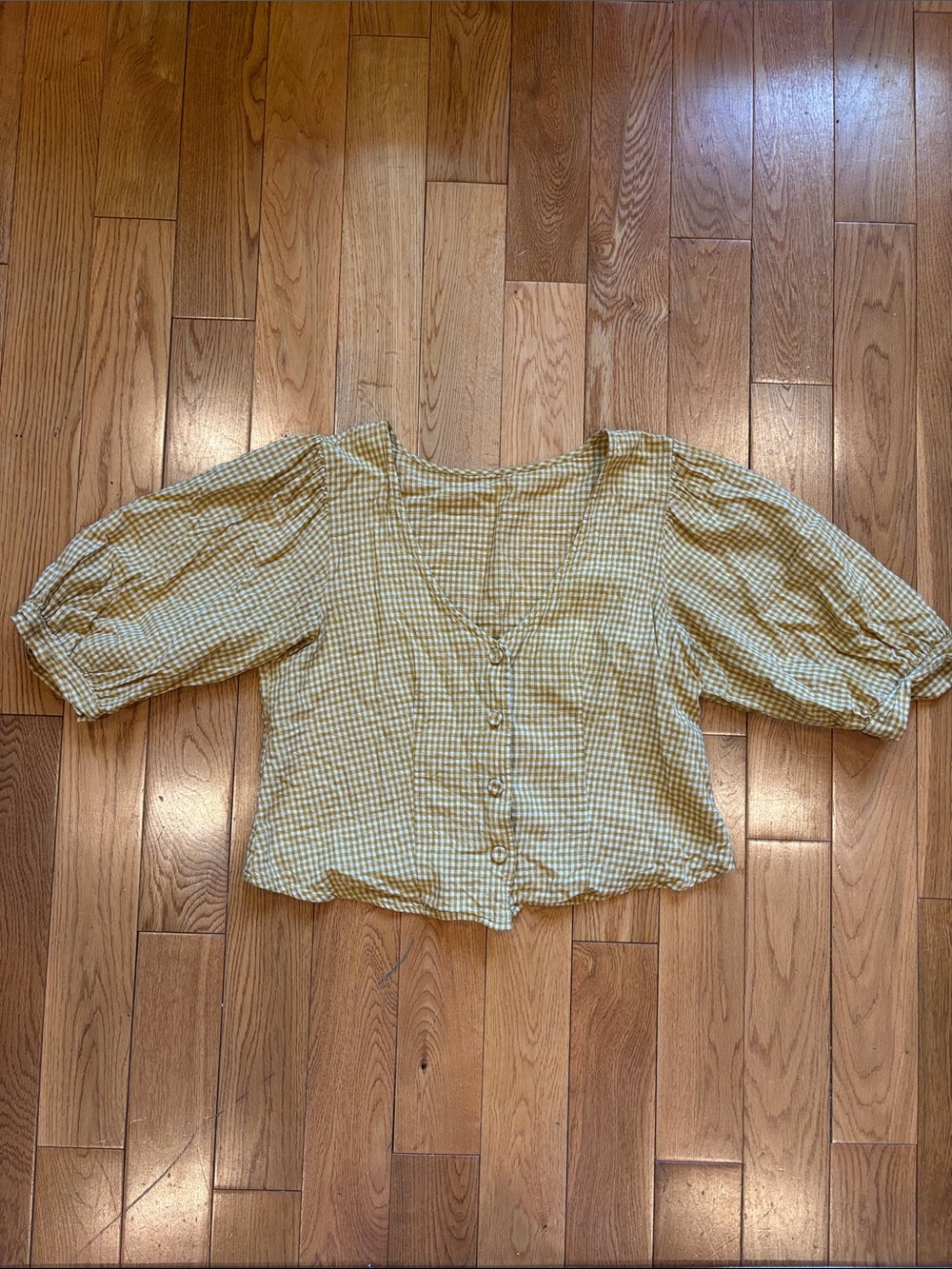Vintage Yellow Gingham Button-Front Puff Sleeve Blouse